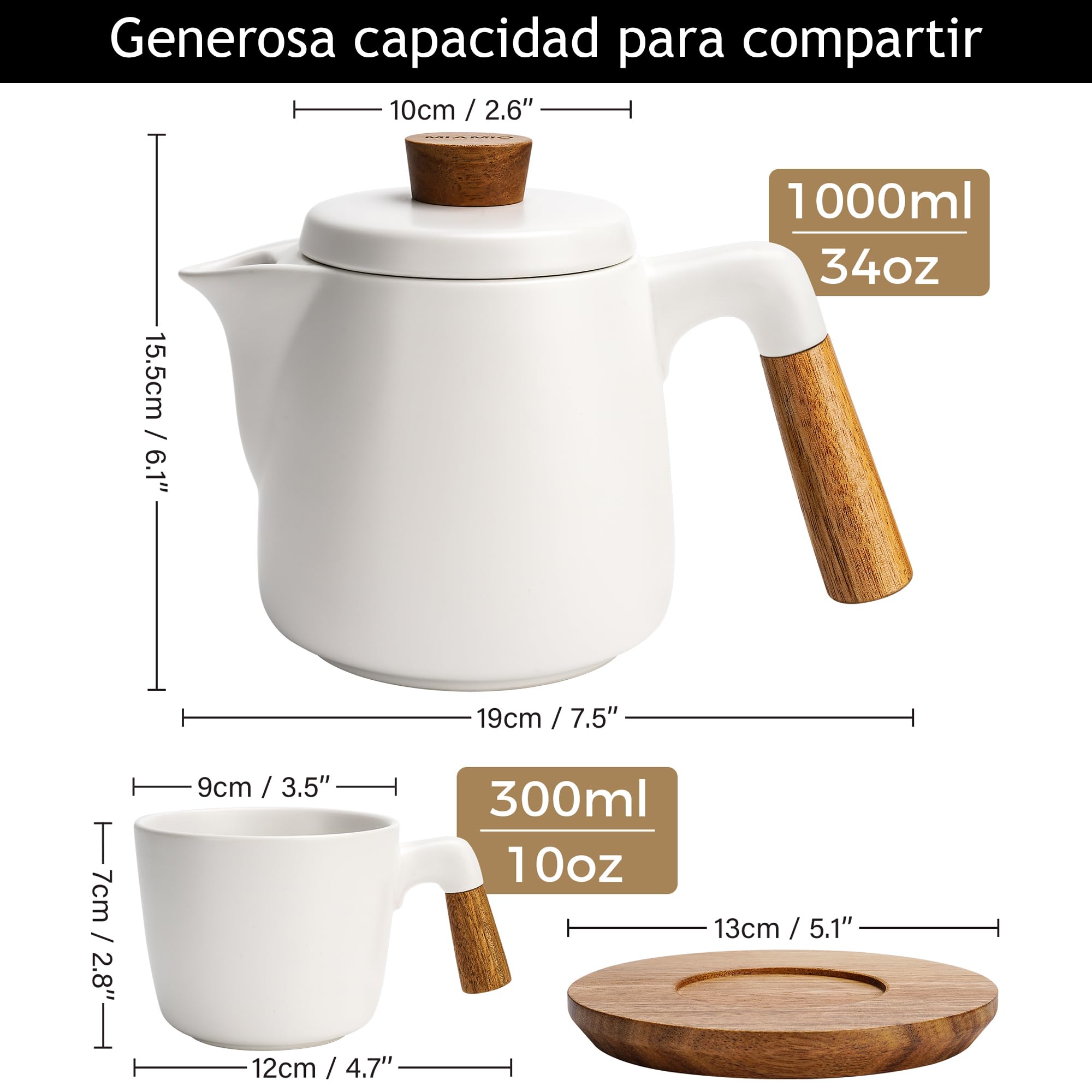 MIAMIO – Juego de tetera de cerámica de 1000 ml con infusor y tazas/colador de té, 4 tazas de té de cerámica (300 ml), platitos de bambú/asa para el hogar y el despacho (Blanco)
