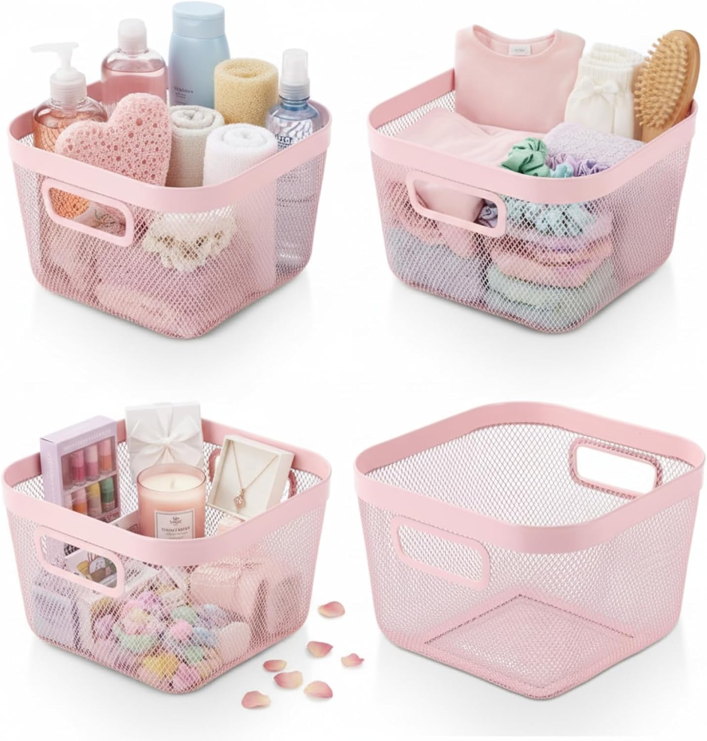 MorningRo 4 Pack Metal Mesh Basket with Hollow Handles Pink Wire Storage Bin for Organizing Stackable Metal Fine Mesh Basket for Pantry Bathroom Kitchen Cabinets Shelves (Medium)