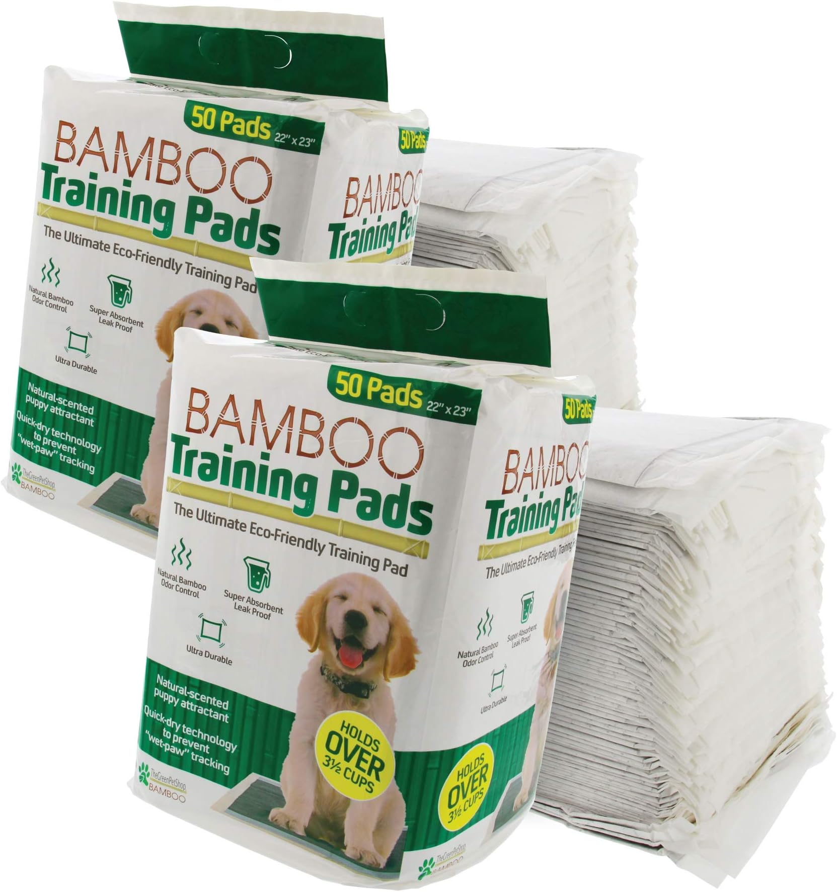 Bamboo Dog Training Pads by The Green Pet Shop – 100 Count, Super Absorbent Pads with Prolonged Odor Control – Ideal Puppy Training Pads or Incontinence Pads for Senior Pets – 22 x 23 Inches
