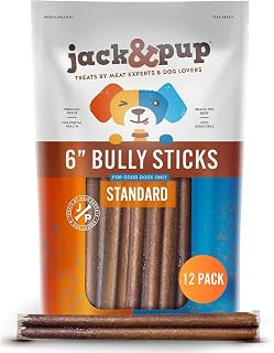 Jack&Pup 6" Bully Sticks for Dogs | Premium Odor Free Bully Sticks for Large Dogs | All Natural Beef Pizzle Sticks (6 Inch Standard, 12 Pack)