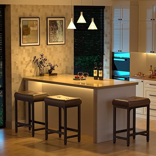 Miniatura 13 de Aheaplus Taburete de bar, taburetes de altura de mostrador de 24 pulgadas, taburetes de cuero sintético con base de metal, cojín grueso, reposapiés,