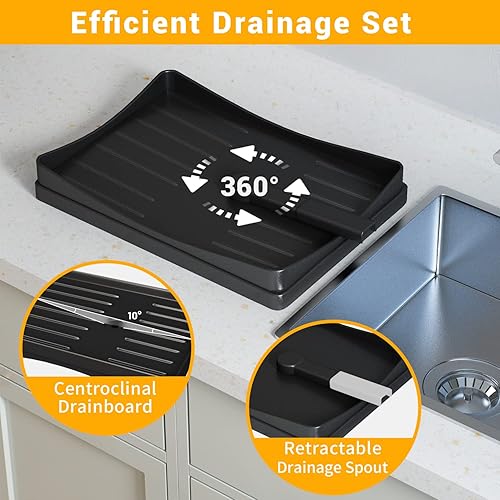 Miniatura 5 de ADBIU Escurridor de platos negro con escurridor para encimera de cocina, escurridor de platos para gran capacidad