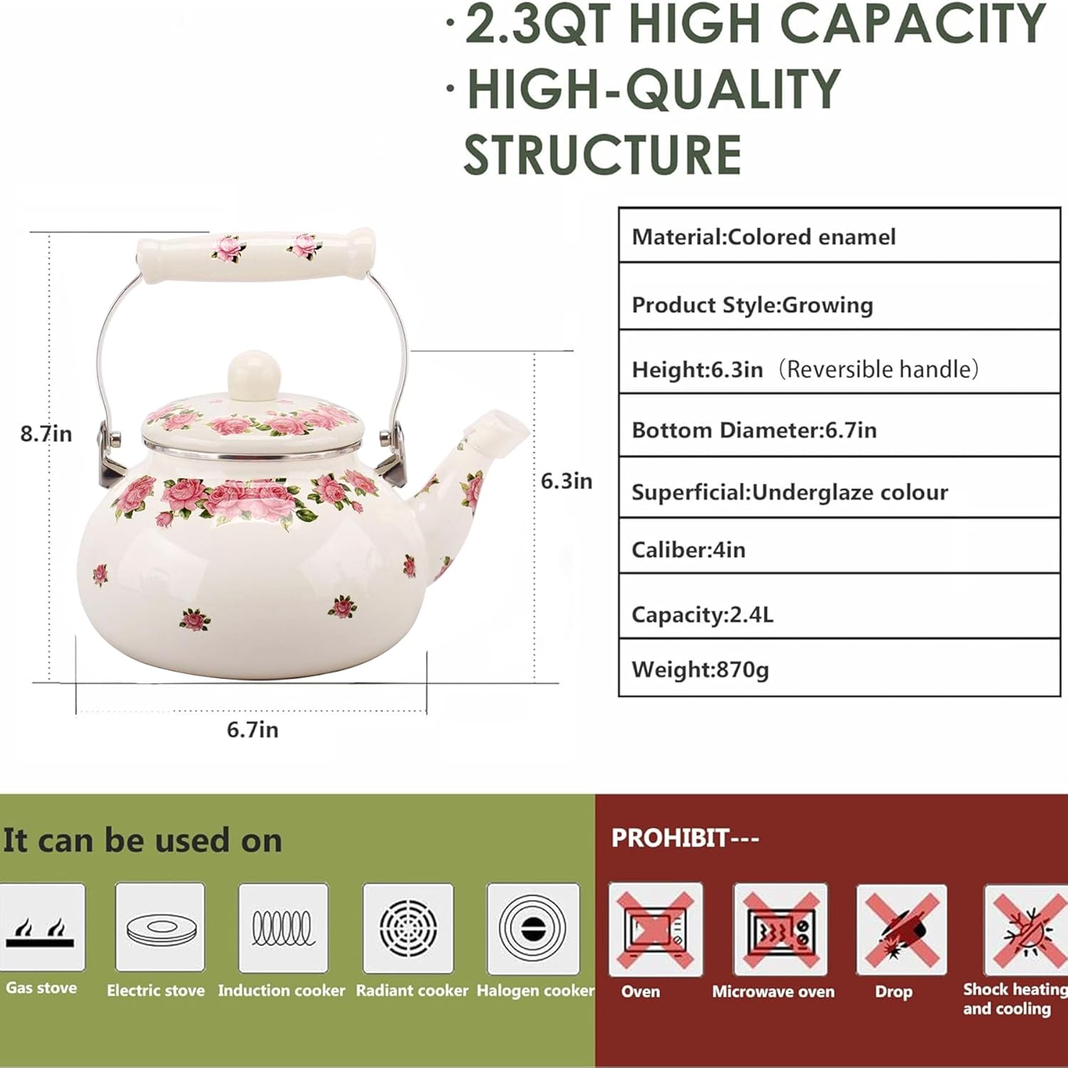 Tea Kettle Pot for Stove Top,Porcelain Large Enamel Teakettle,2.5L Colorful Teapot Floral Ceramic for Stovetop,Retro Classic Design (Pink flower-2.4L)