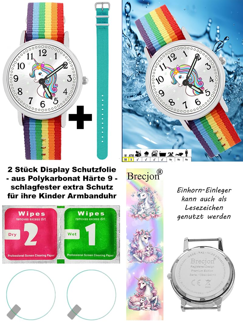 großes 6tlg Geschenk Set Einhorn Armbanduhr Mädchen wasserdicht Geldbörse Kugelschreiber Motivdose 2 Armbänder