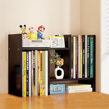 Desktop Shelf Organizer, Adjustable Wood Office Storage Rack, Counter Display Small Bookshelf for Home/Office/SchoolDark Walnut