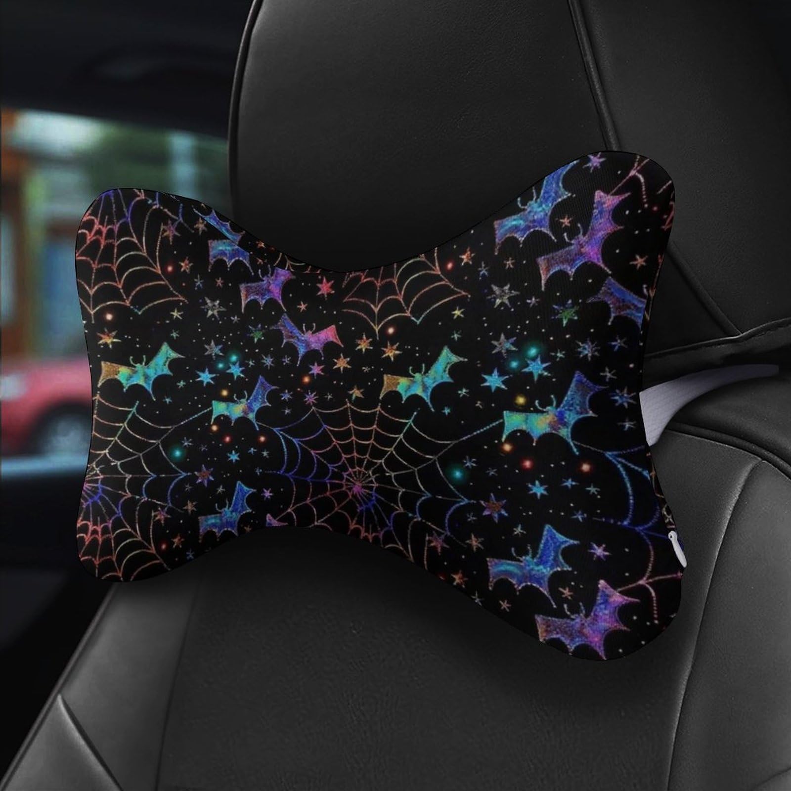 SMAZDFXX Colorful Neon Bats Spiderweb Car Neck Pillow Set of 2 Car Seat Head Support Cushion Bone Pillows with Elastic Strap