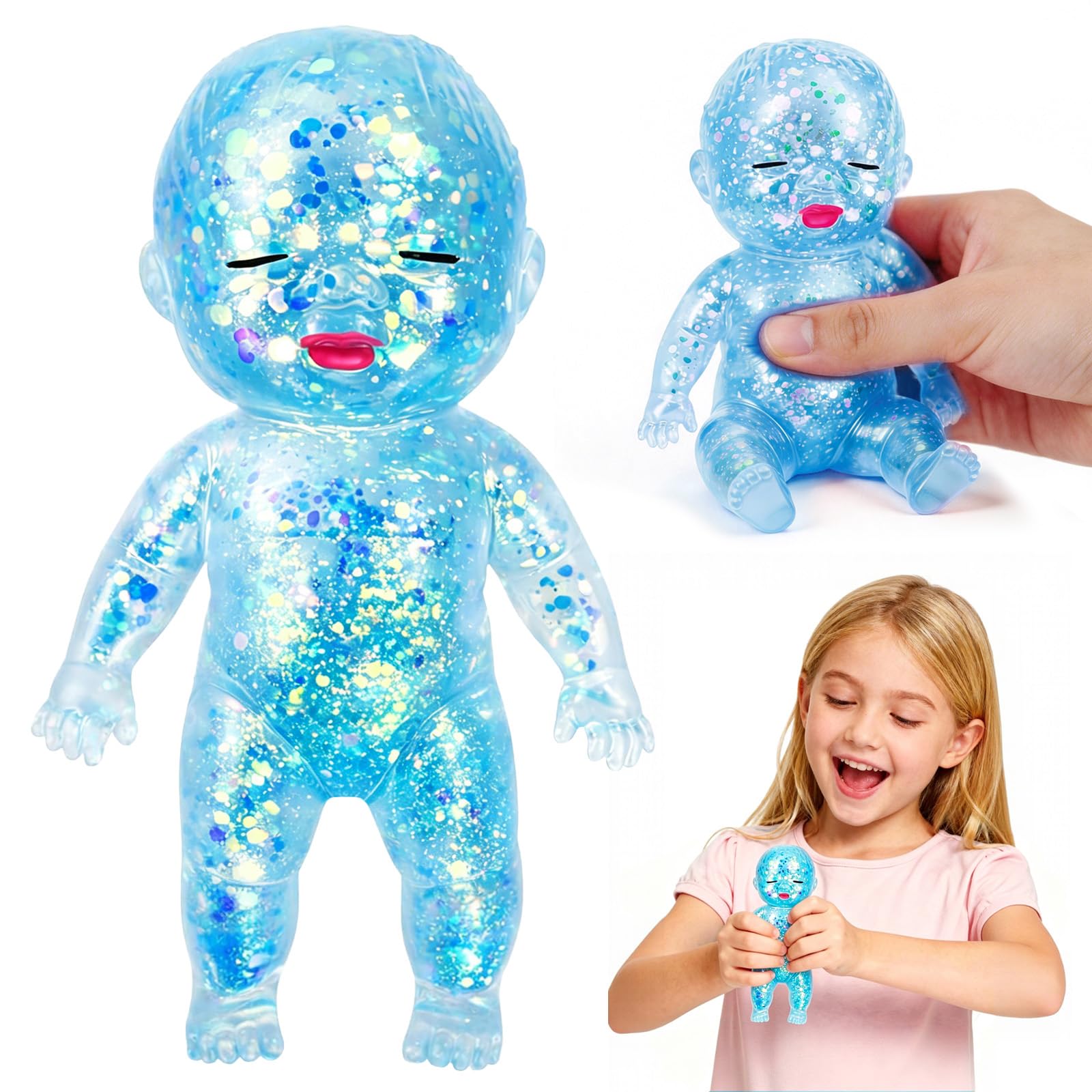 Baby Squishy Fidget Toy, Glitter Doll Sensory Squeeze Toy, Cute Soft Squishy Baby, Portable Slow Rising Malt Sugar Stress Ball for Adult Kid Office Home Stress Relief Gift (Baby Squishy)