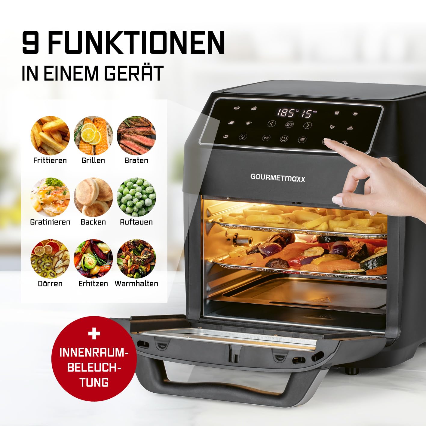 GOURMETmaxx Heißluftfritteuse 12 L Airfryer | Fritteuse mit 9 Funktionen, Touchdisplay, Dreh- & Schaschlikspießen | 10 Programme inkl. Pizza | Minibackofen 1700 W – nahezu ohne Öl