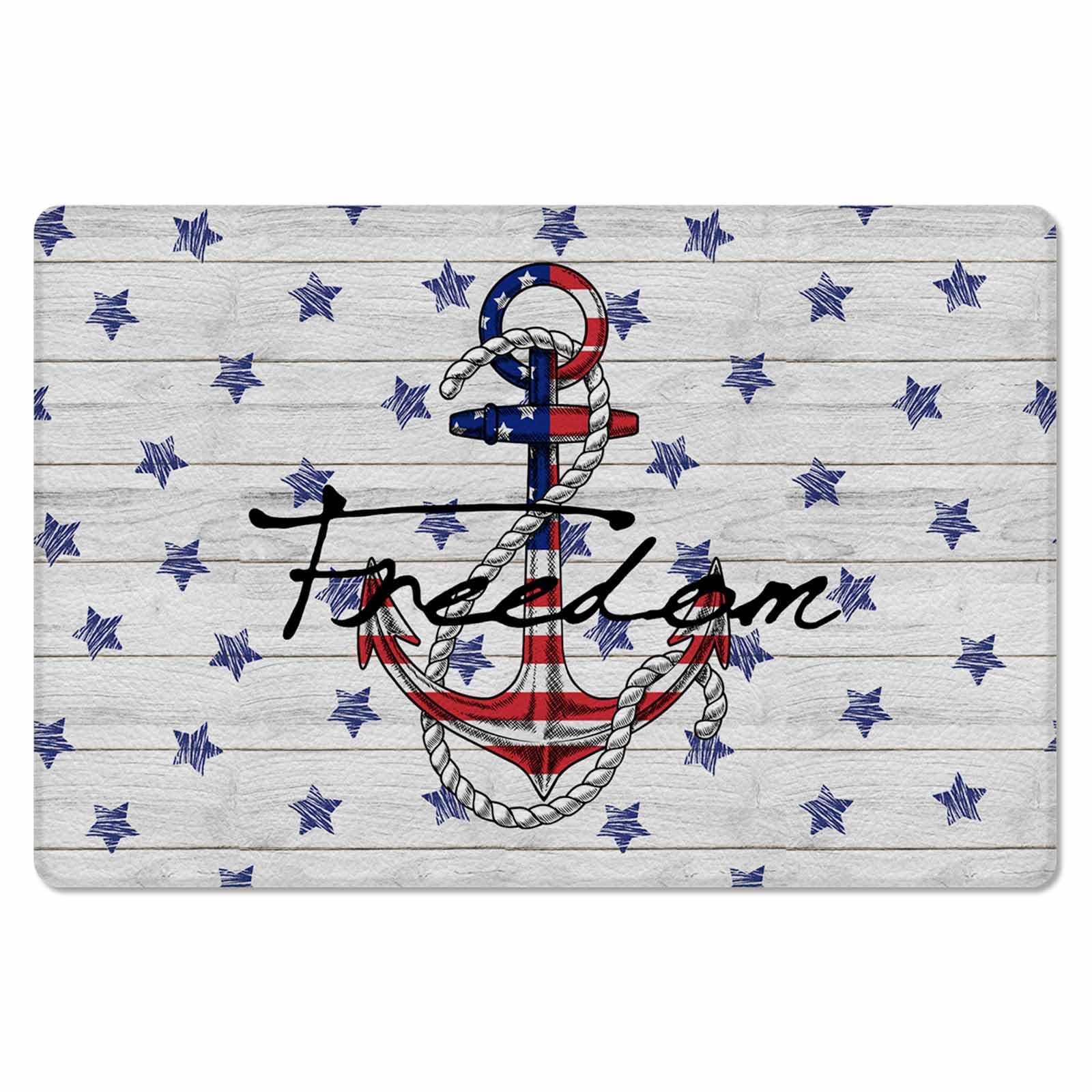 4th of July Antifatigue Kitchen Bath Door Mat Cushioned Runner Rug,Washable Welcome Floor Sink Mat,Waterproof & Non-Slip Standing Doormat for Kitchen,Nautical Anchor Red Blue Stars Wood Grain 24