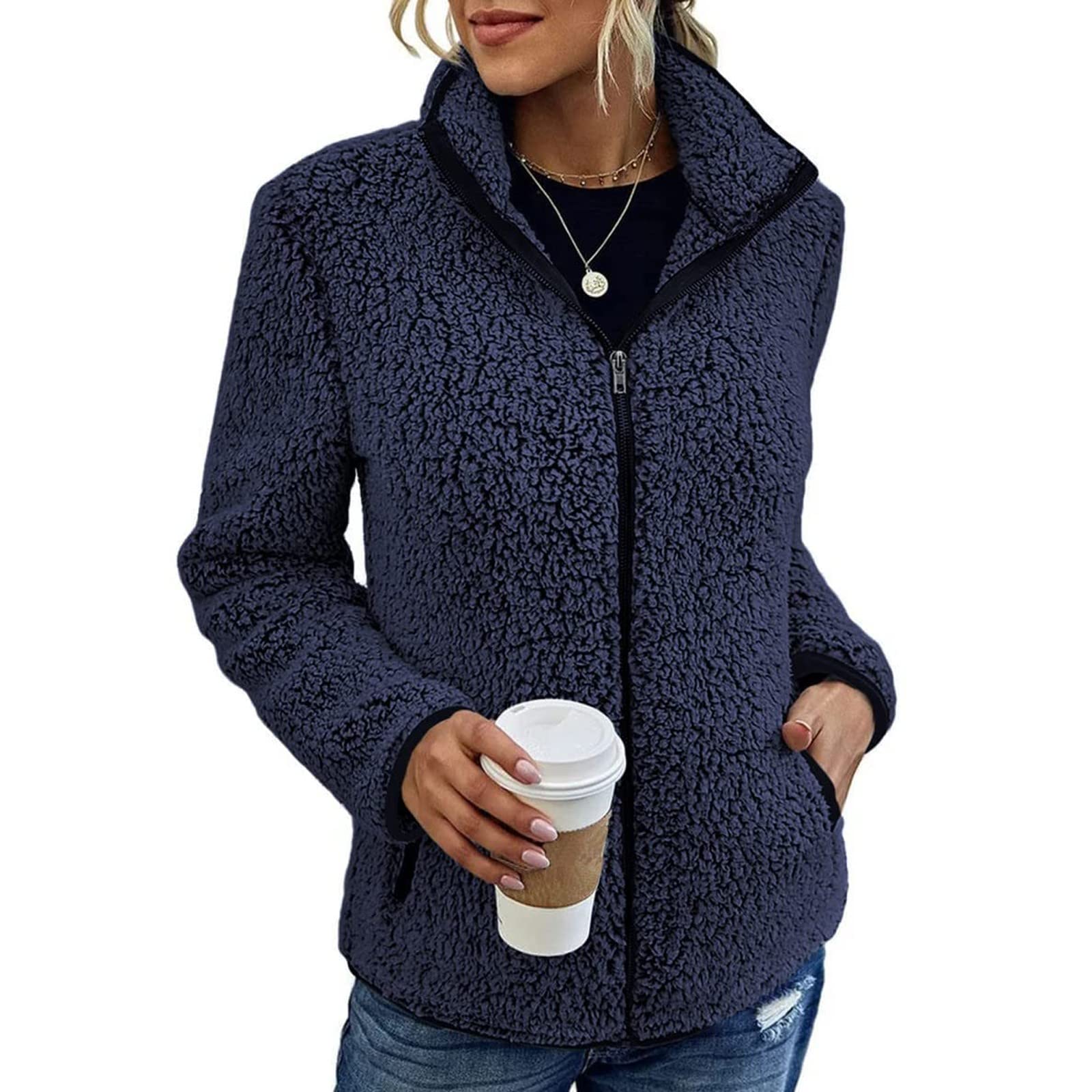 Generisch Fleecejacke Damen Warm Winterjacke Flauschig Wintermantel Casual