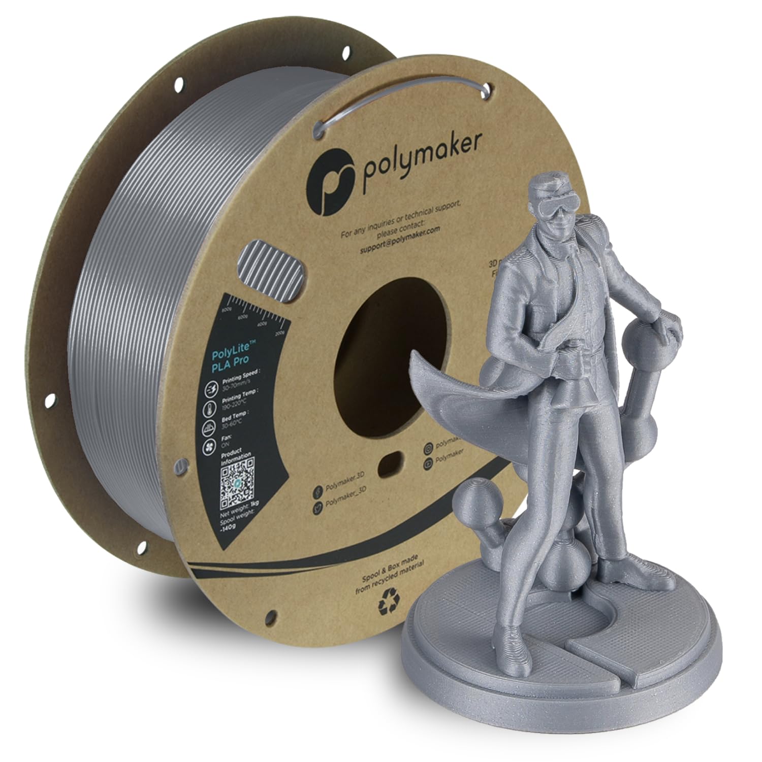Polymaker PLA PRO Filament 1.75mm, Tough & High Rigidity Silver PLA Filament 1.75mm 1kg Cardboard Spool - PolyLite PLA PRO 3D Printer Filament 1.75mm, Print with Most 3D Printers Using 3D Filament