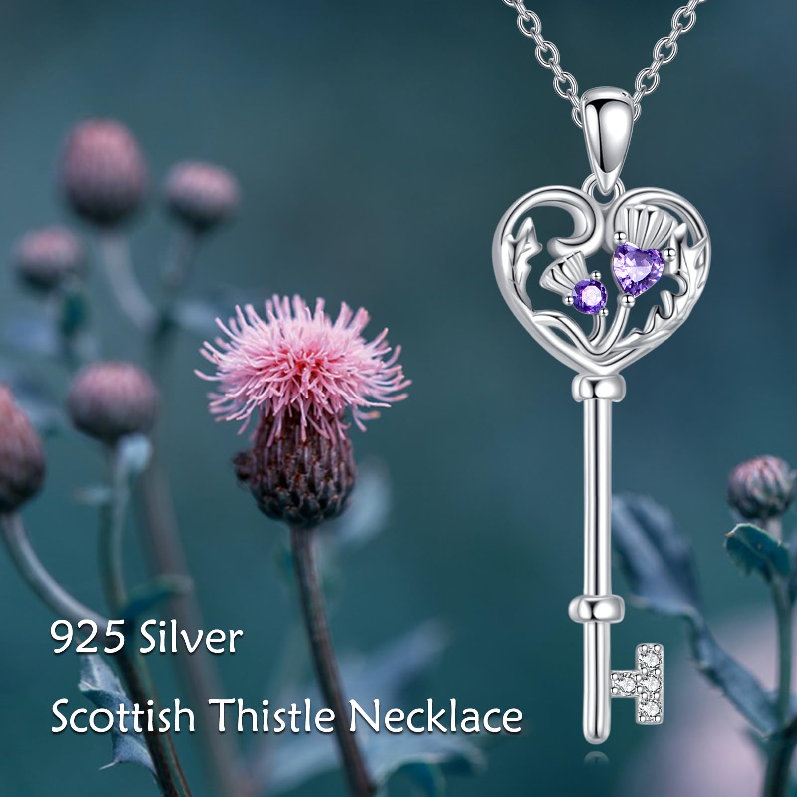 POPLYKE Schottische Distel Schlüssel Halskette für Frauen Sterling Silber Schlüssel Halskette Schottische Distel Anhänger lila Blume Schmuck für Frauen