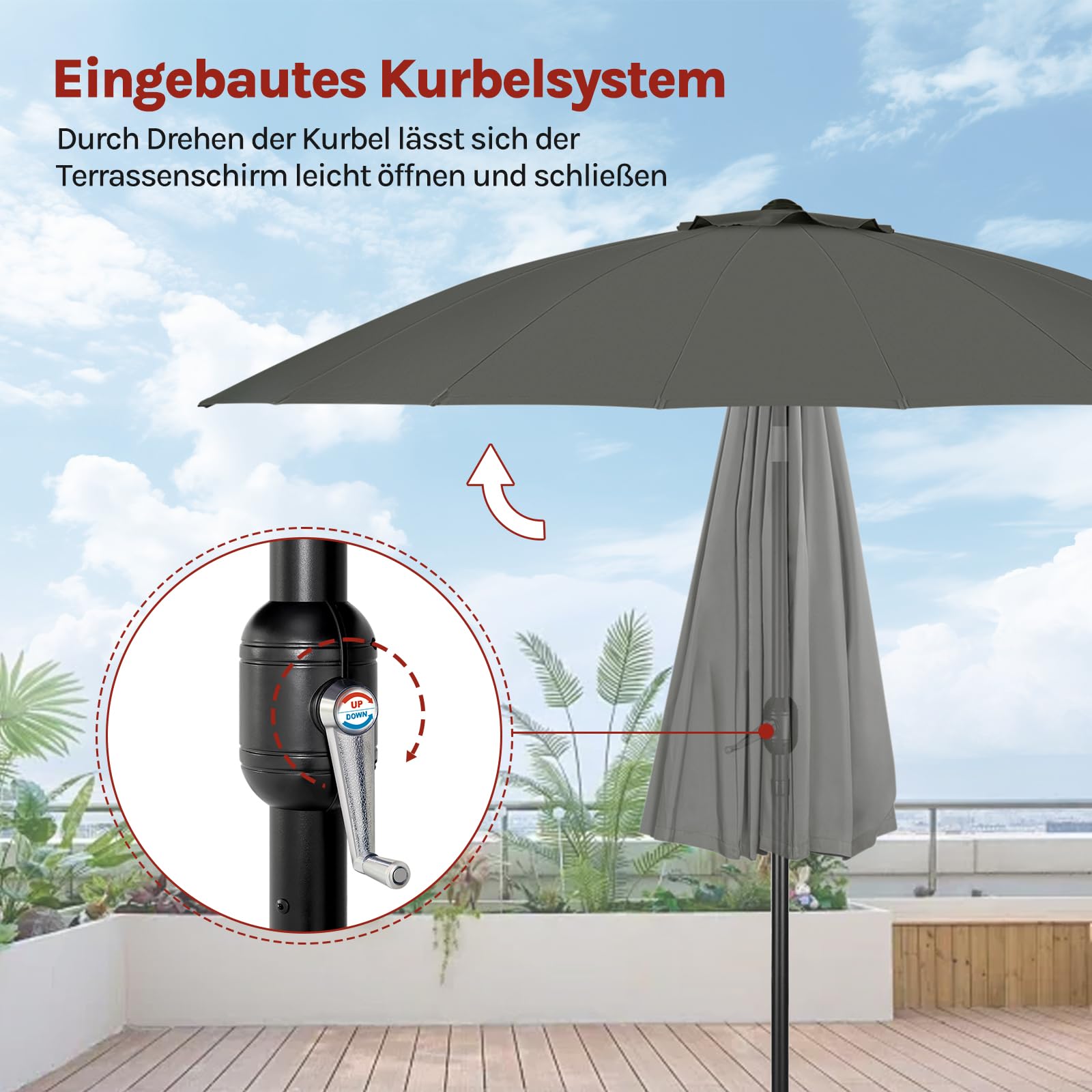 WOLTU Parasol przeciwsłoneczny Ø 257/273 cm, wychylany parasol ogrodowy z korbą, parasol balkonowy z 18 wspornikami z włókna szklanego, na taras, patio, basen, ciemnoszary