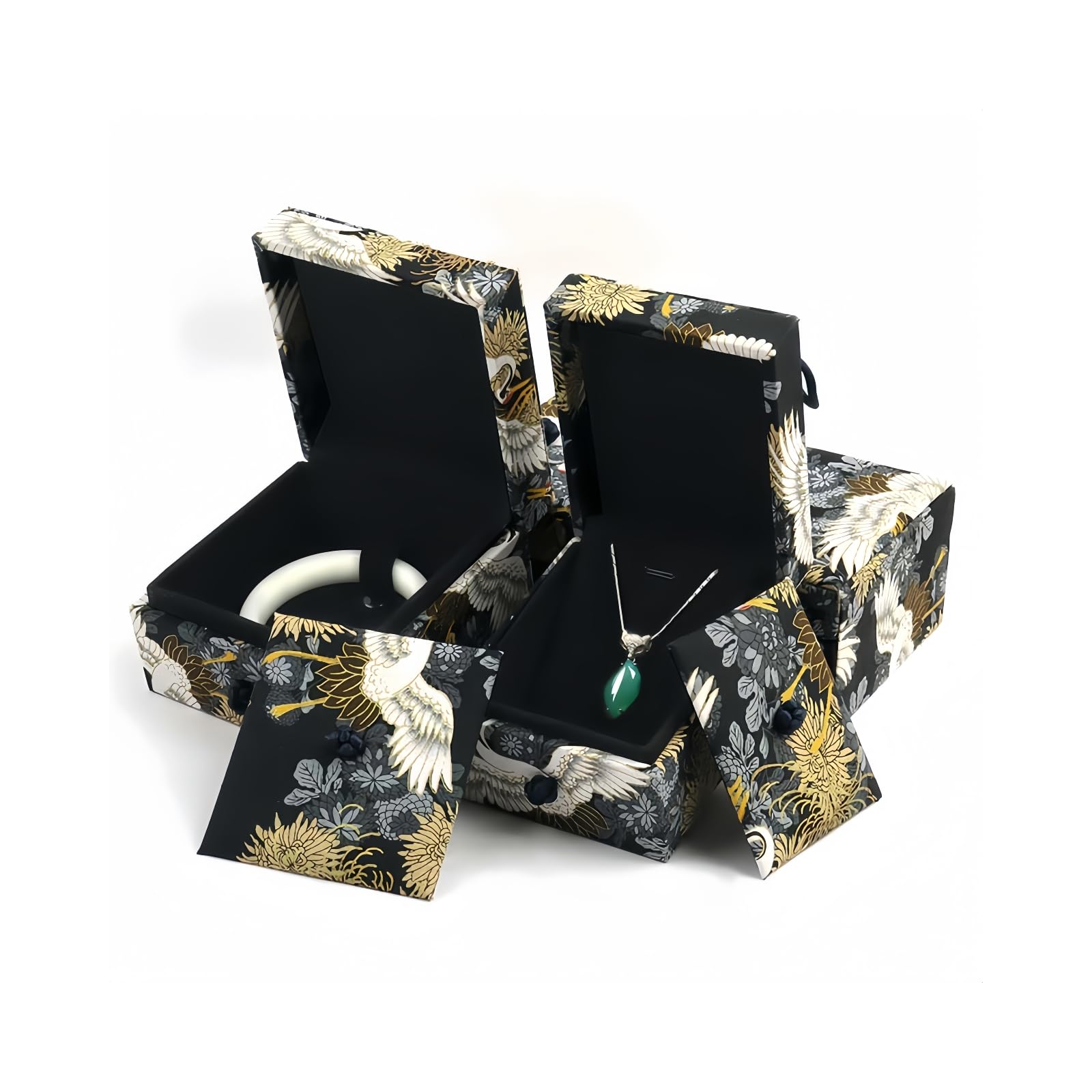KOHUDIS Vintage brocade tray buckle Chinese jewelry box Bracelet box Pendant necklace Gift box High-end packaging box (Crane, Pendnt necklace box)