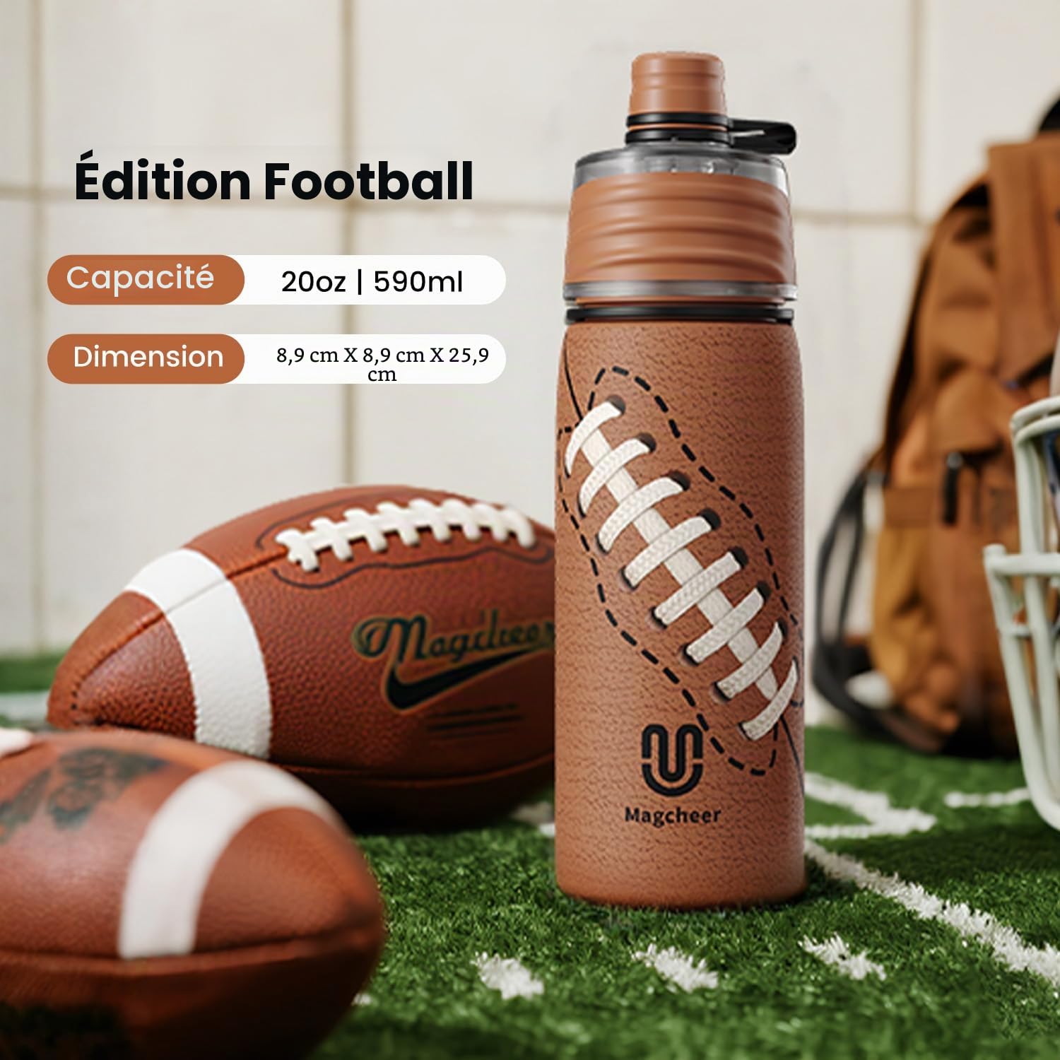 magcheer 600ml Gourde Rugby Enfant | Gourde Brumisateur Inox avec Texture 3D | Rafraîchissement Instantané | Sans BPA | Anti-fuite Bouteille Sport | Cadeau Rugby Enfant