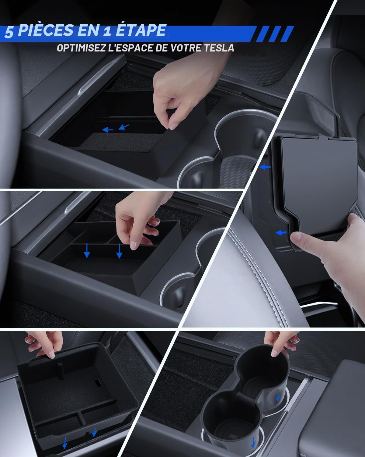 5 pièces accessoires pour Tesla Model Y 2025-2026, console centrale Juniper, plateau organisateur en silicone, boîte de rangement pour accoudoirs, boîte cachée et porte-gobelet (Flocking)