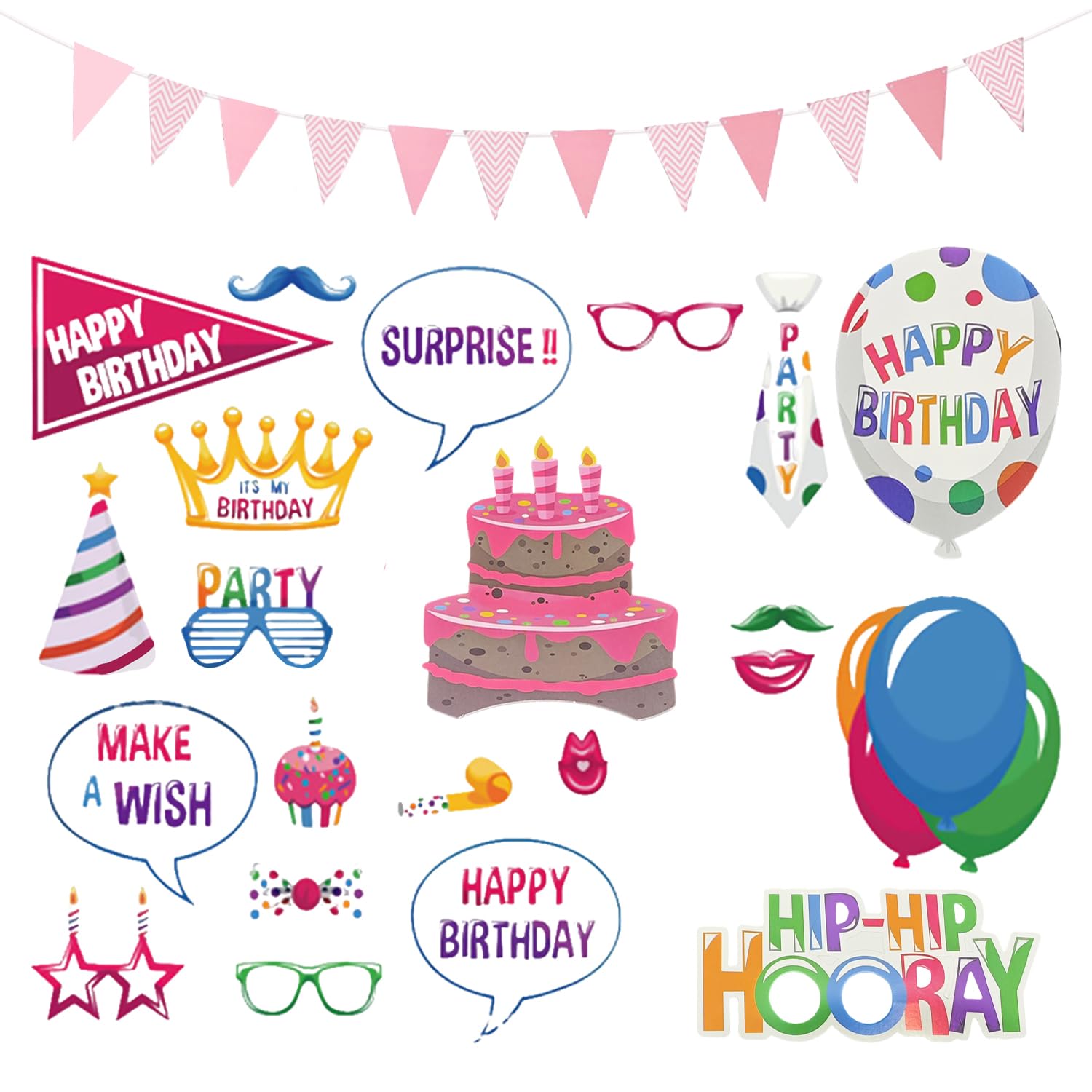 22 Pieces Of Birthday Photo Props, 1 Set Of Pennants, Birthday Party Decorations, Photo Props With Sticks, Birthday Party Scene Layout, Birthday Celebration Props