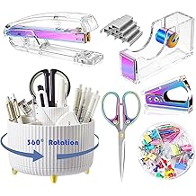 Desk Organizers and Accessories Set with 360-Degree Rotating Pen Holder, Acrylic Stapler, Tape Holder, Staple Remover, Binder/Paper Clips Kit, Scissor and 1 Box of Staples