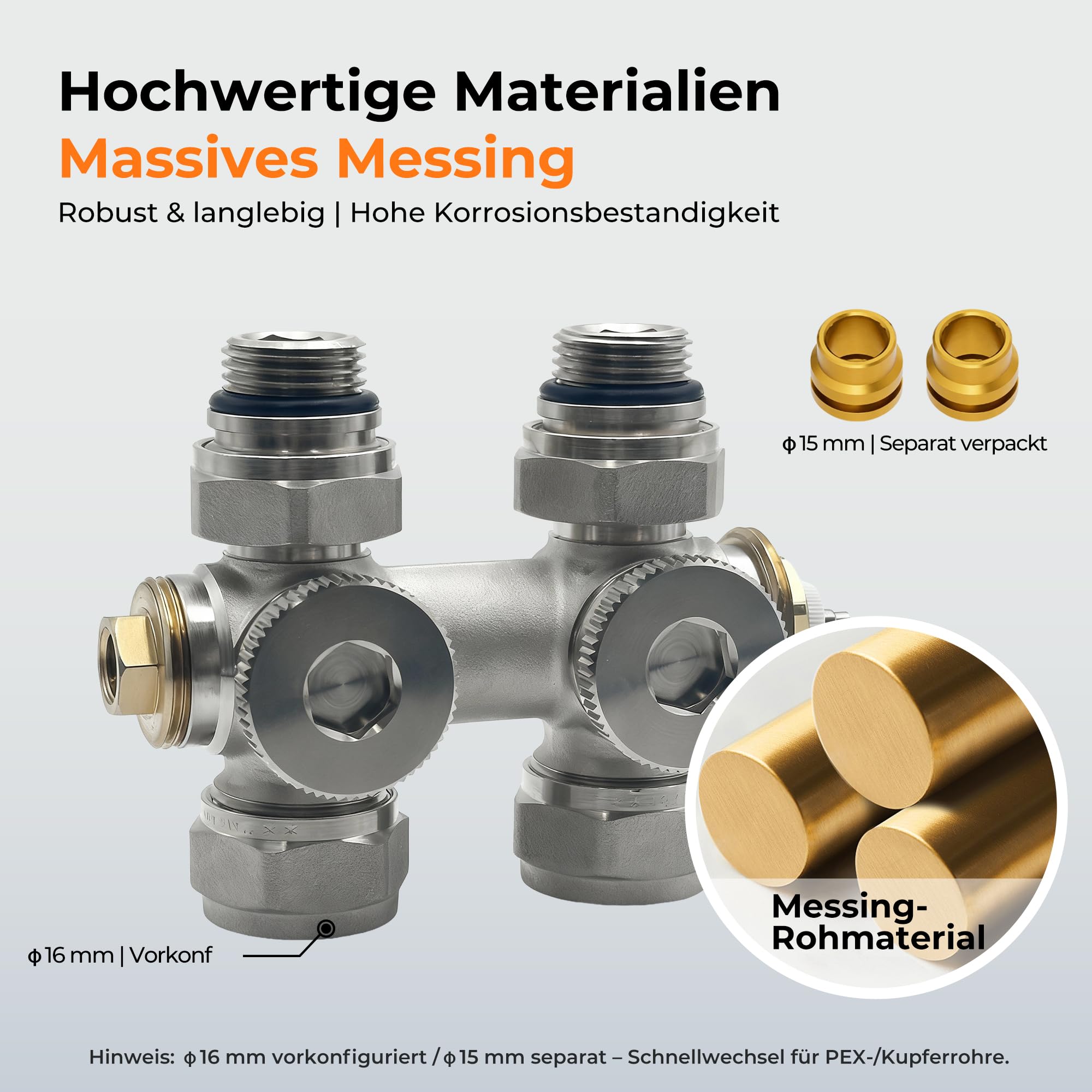 Multiblock Set für Heizkörper Anschlussarmatur mit Thermostat – Thermostatventil Hahnblock mit Frostschutz – für Eck/Durchgangsform – 50mm Mittelanschluss G1/2" – inkl. PEX Ø16 & Kupfer Ø15