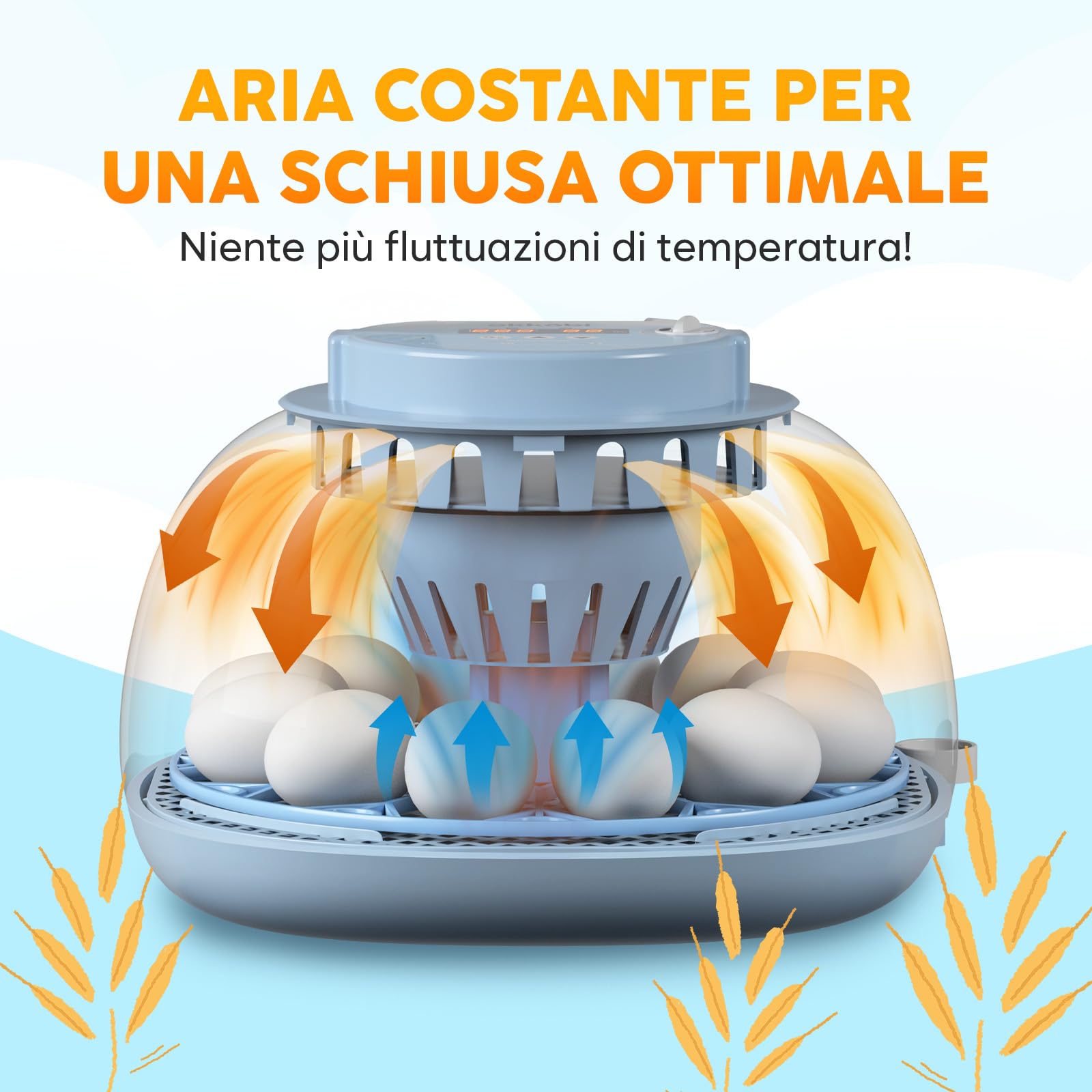 Incubatrice per Uova Automatica 12 Uova – Rotazione Automatica, Controllo Umidità, Mire-uovo Integrato, Bottiglie d’Acqua, Ventilazione, Visione a 360°
