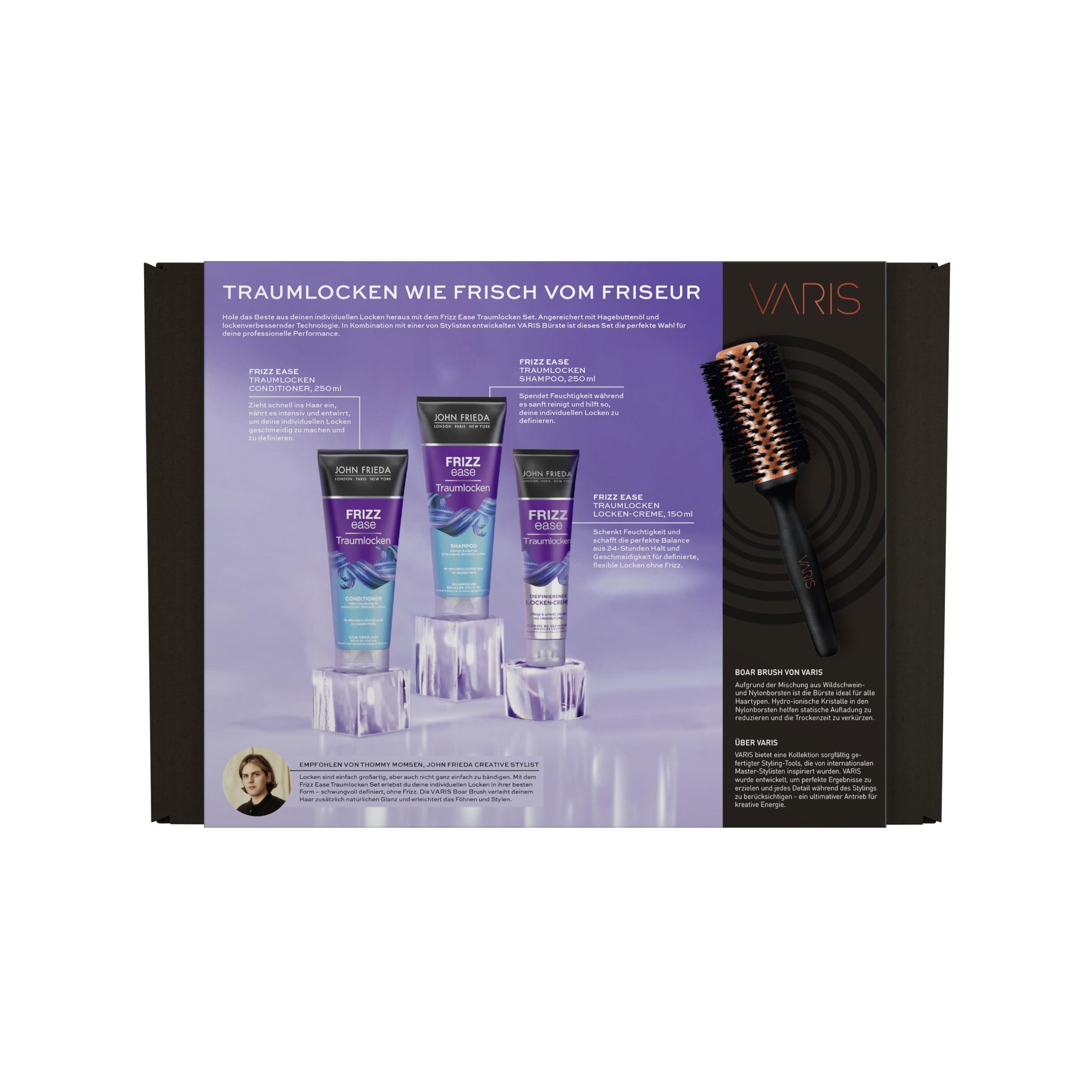 John Frieda Varis Frizz Ease Traumlocken Kit avantageux – Contenu : shampooing, 250 ml/après-shampoing, 250 ml/crème définissante bouclée, 150 ml/brosse à cheveux Varis Boar Brush – Inspiré des