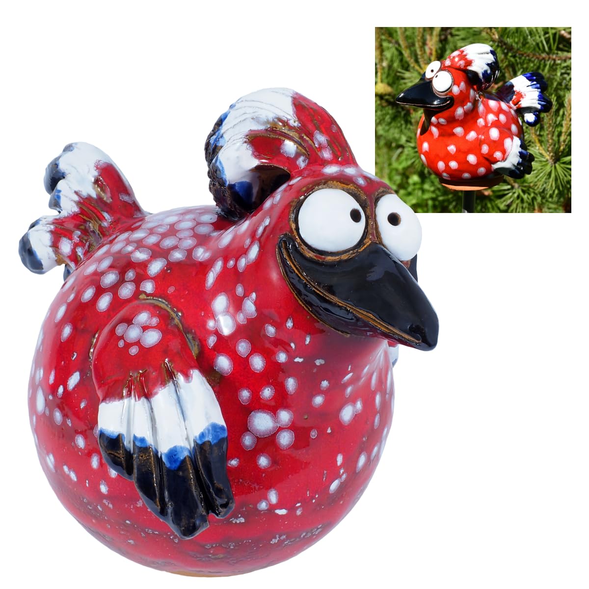 Gartenstecker Keramik Handgefertigt - Gartendeko für Draußen Wetterfest - Garten Deko Keramik - Vogel Gartenfiguren & Gartenstatuen - Vogel