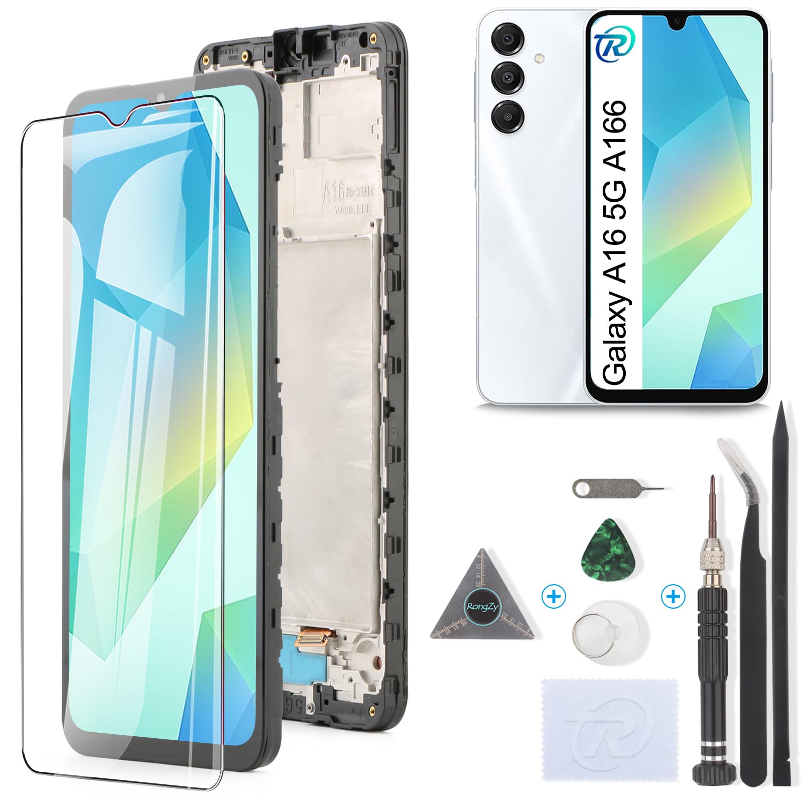 RongZy Écran LCD pour 6.7" Samsung Galaxy A16 5G Écran De Remplacement pour Galaxy A16 5G SM-A166B/A166E Écran LCD Numériseur Tactile Panneau Assemblé De Réparation avec Outils(Noir avec Cadre)