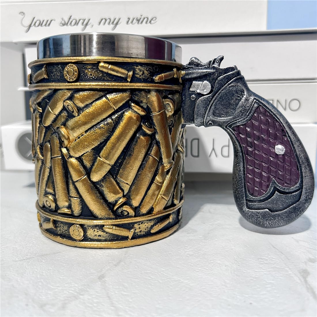Chope à Bière Avec Poignée Pistolet En Acier Inoxydable - Design Revolver 3D Original - Cadeau Militaire 450 Ml