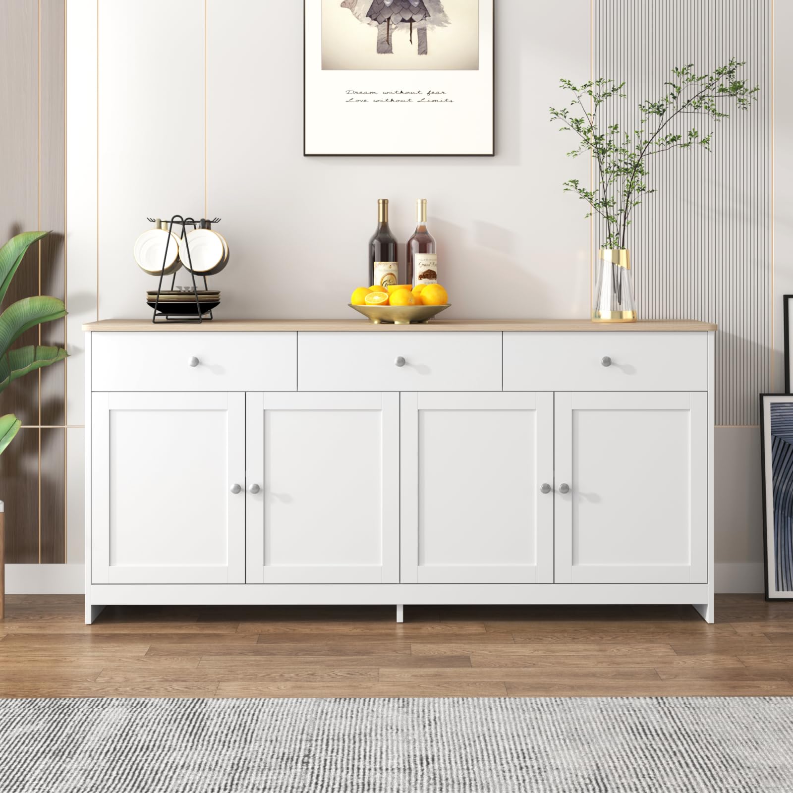 Credenza Cucina, Credenza Buffet con 4 Ante e 3 Cassetti, Ideale per Soggiorno, Ingresso, Foyer e Sala da Pranzo, Stile Country, 160x37x75cm, Colore Bianco