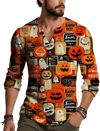 ZOCANIA Mens Henley Shirts Halloween Long Sleeve Shirt for Men Button Lightweight Graphic Pullovers Vintage Outerwear