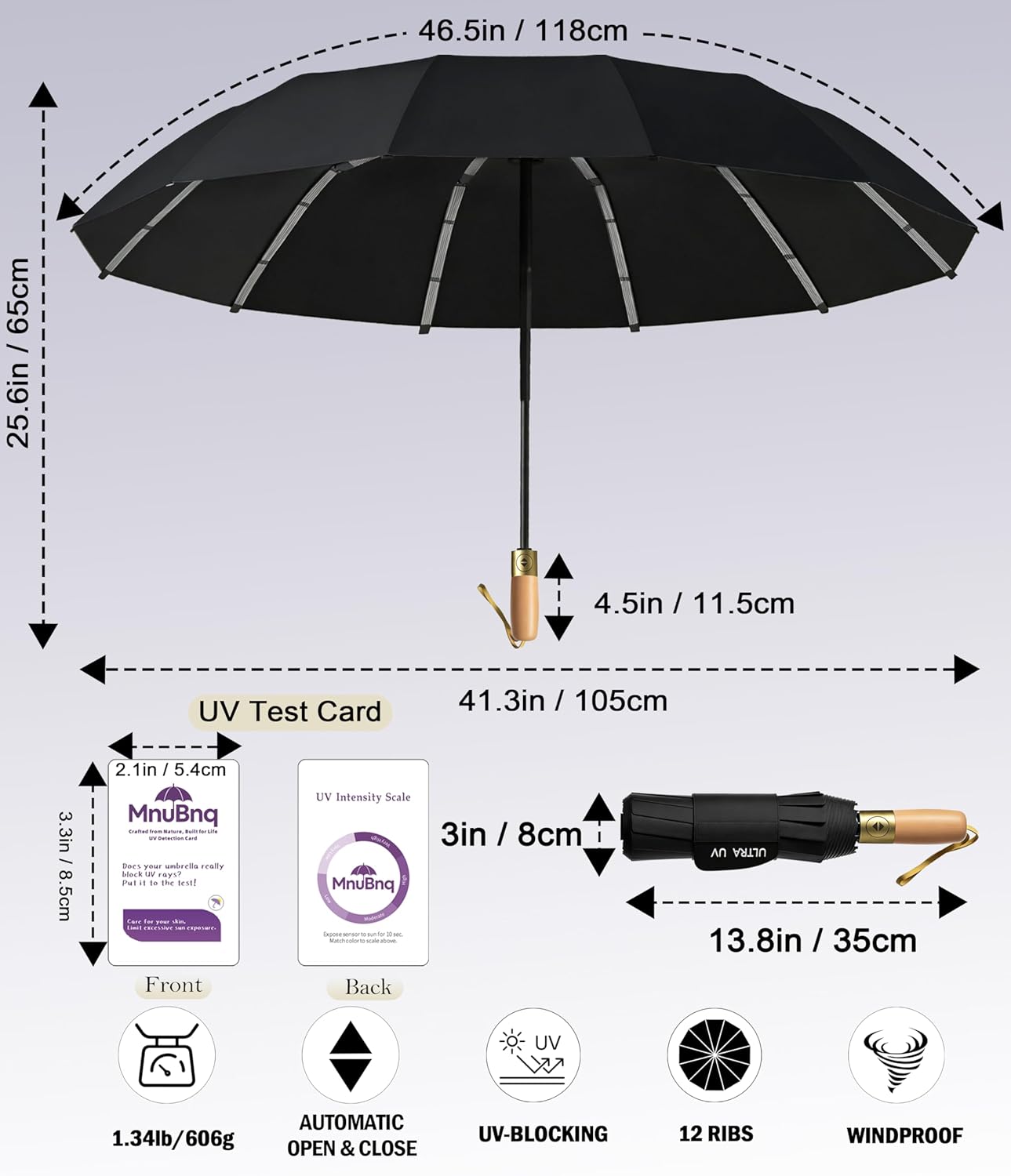 Strongest Travel Umbrella Windproof Real Wood Handle Compact Portable Auto Open Close Umbrellas for Rain and UPF 50+ Sun Automatic Folding UV umbrella for Commuter Women Men Fits Backpack Cars