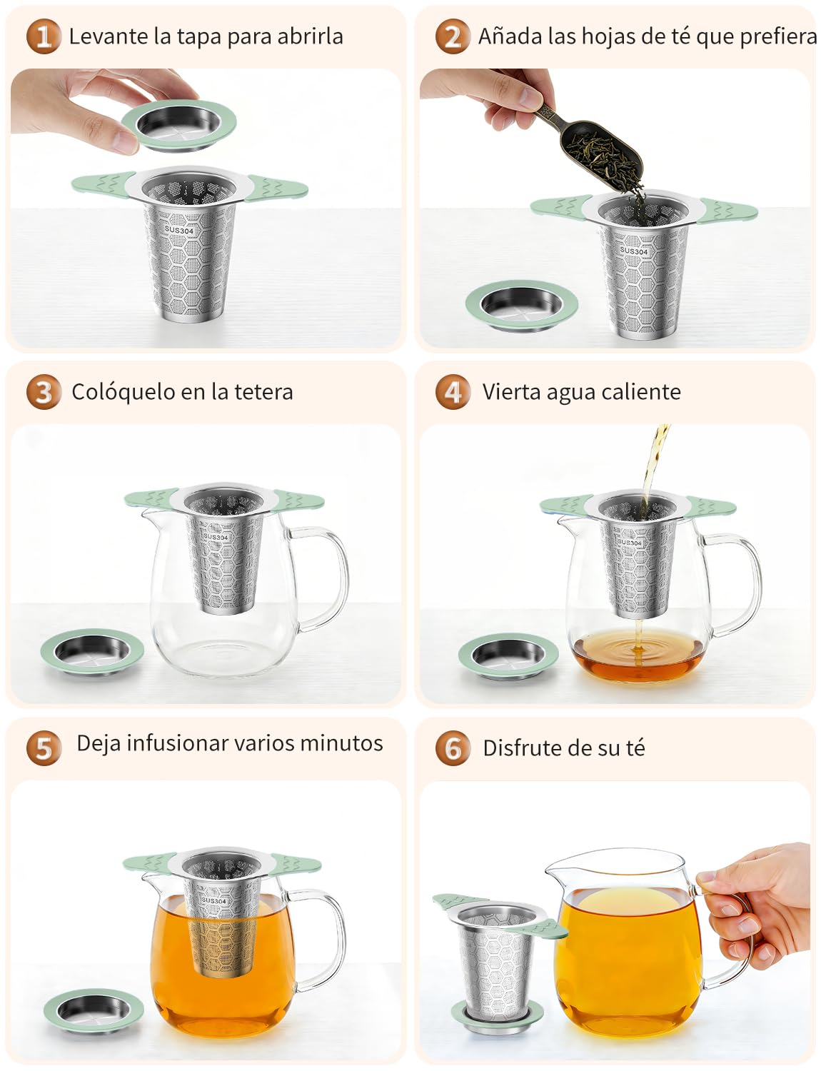 Yomanta Infusor de Te 2 Piezas - infusionador de Acero Inoxidable 304, filtro te con asa y tapa de silicona, Malla fina de 0,4 mm, colador te para tazas y teteras - verde