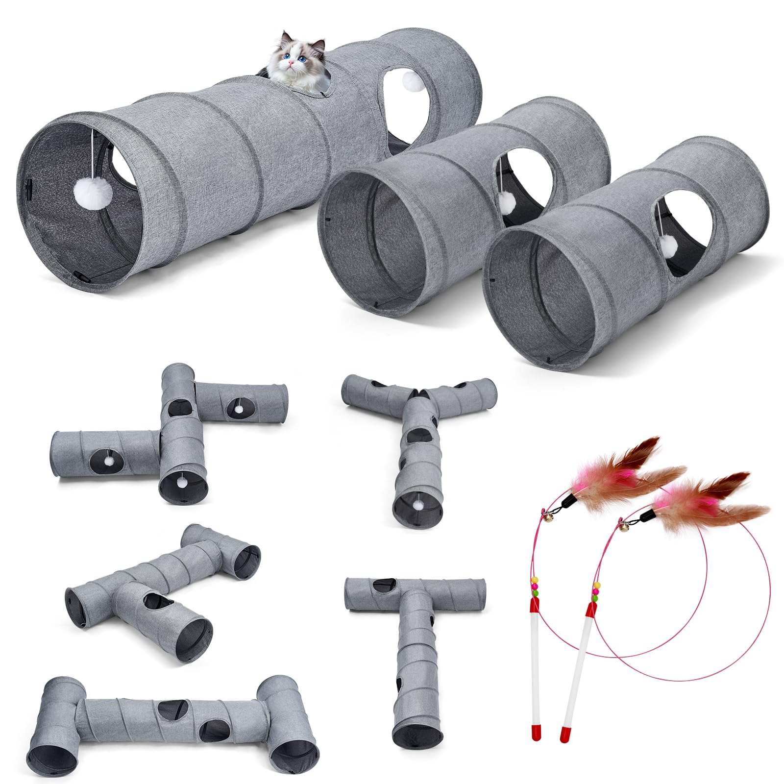 Odoland Katzentunnel in Leinen DIY Spieltunnel mit Ball Katzenspielzeug Faltbar Pet Play Tunnel Tube für Katzen Kaninchen Kleintiere, 110cm, Grau