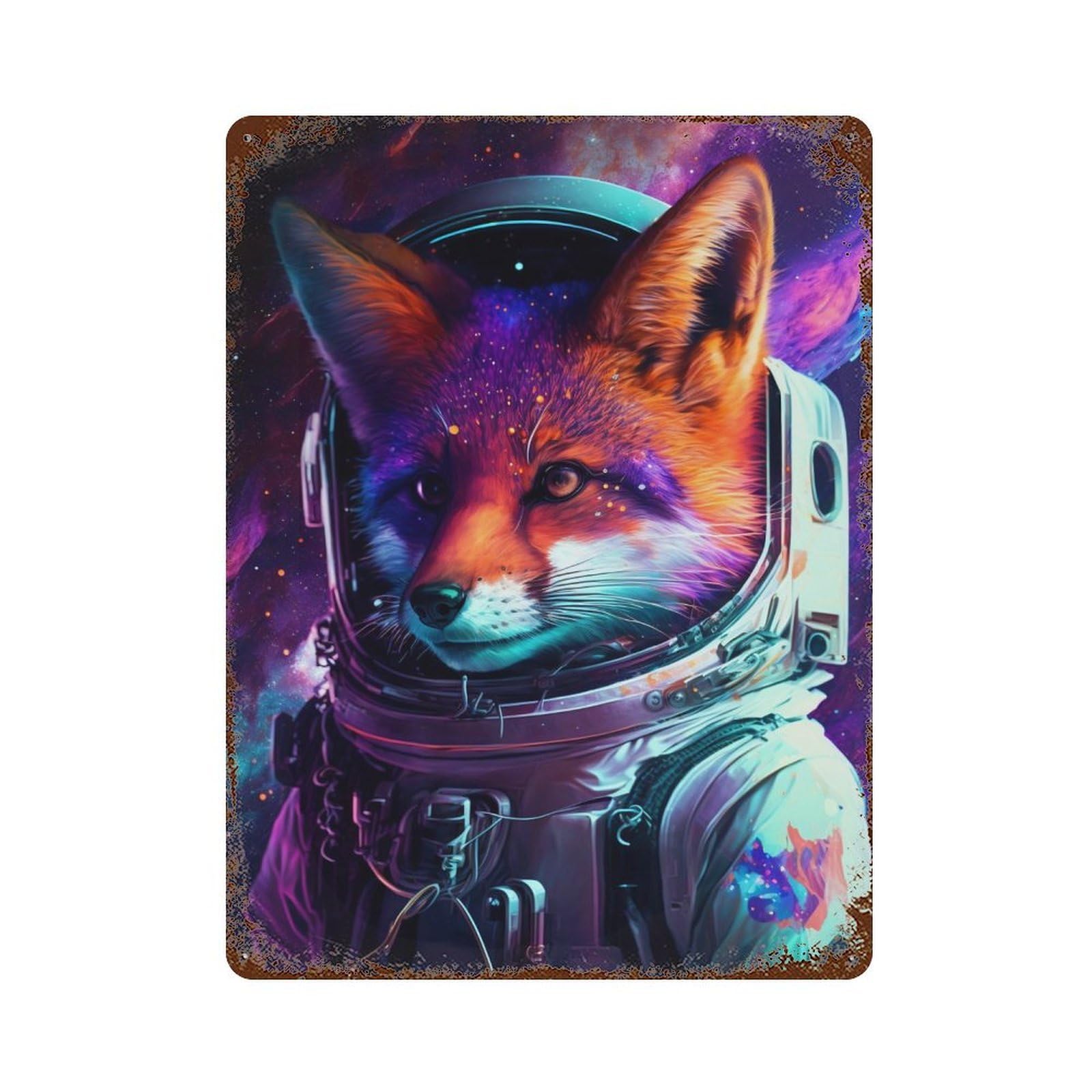 Aged Metal Wall Plaque with Cosmic Fox Astronaut Art Design 15.7"x11.8", for Shed, Workshop And Garage Wall Decor, Decorative Metal Wall Art