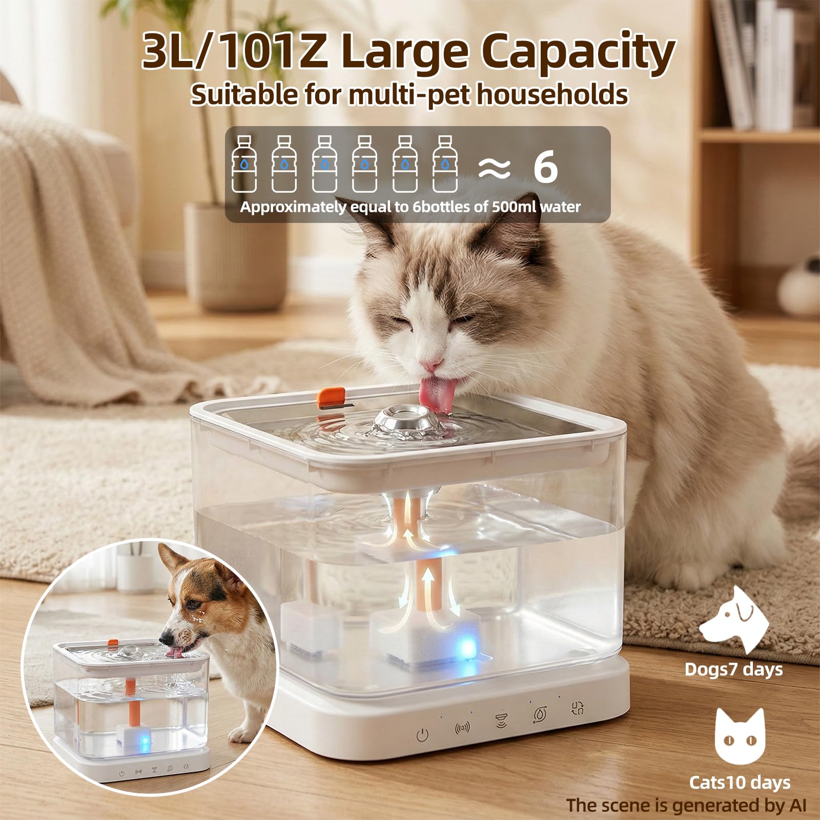 Fuente de agua inalámbrica para gatos, fuente de agua para gatos de 3.2 litros, gran capacidad, funciona con pilas, fuente de agua para mascotas para interiores con sensor de movimiento para gatos y