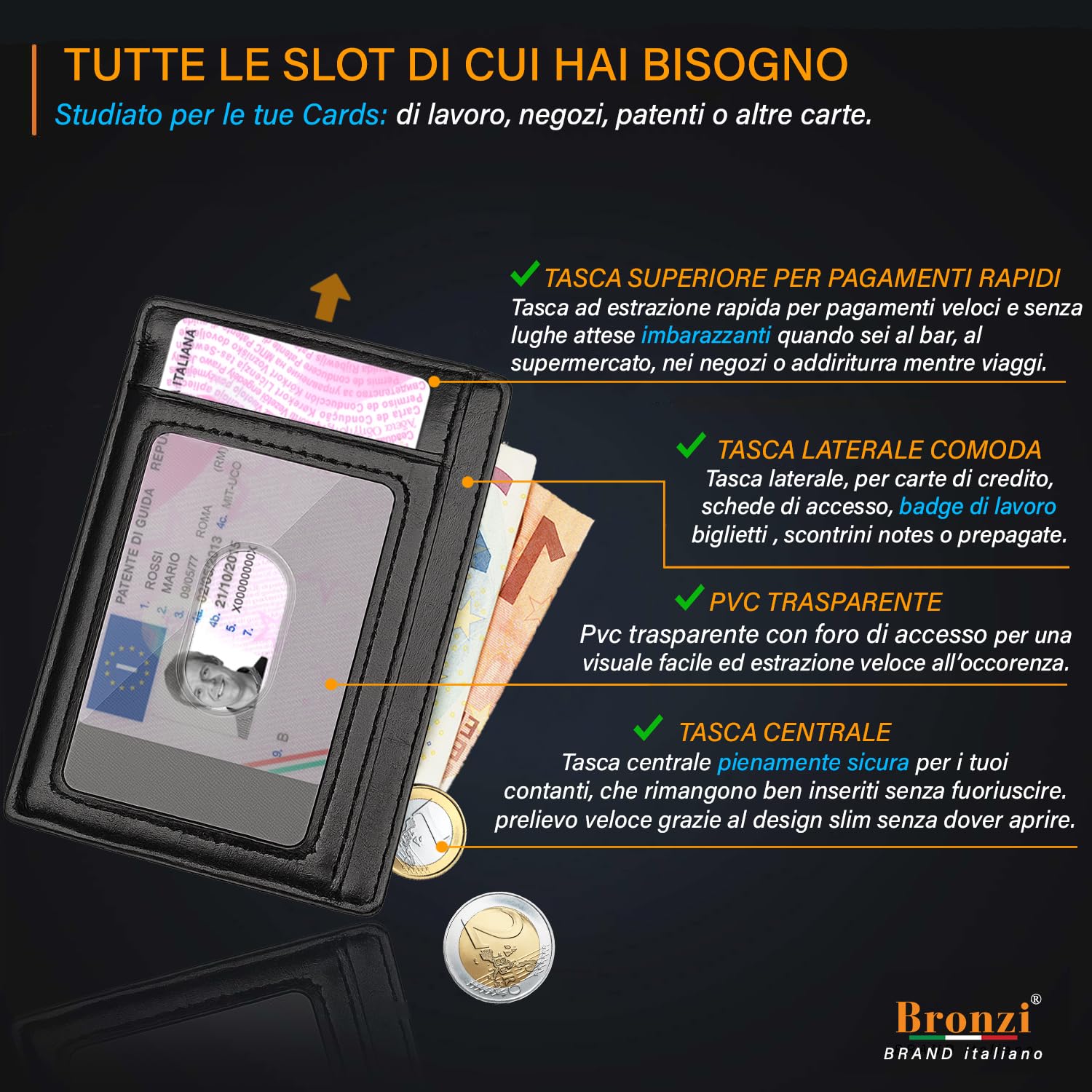 Bronzi® Portafoglio Uomo Slim | Pelle Alta Qualità Mini Nero| Piccolo Sottile Elegante | Portacarte Uomo Donna Portatessere Porta Carte Di Credito| Design Italiano Box Regalo