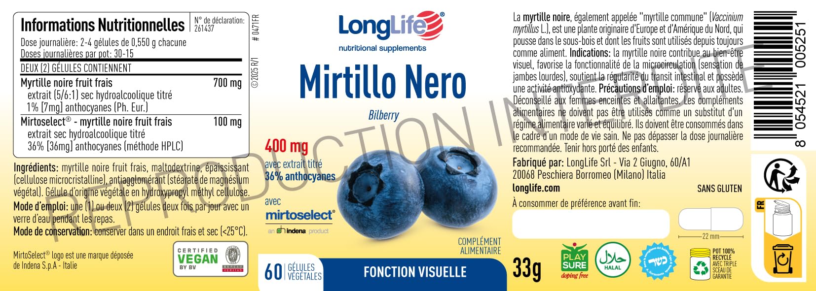 LongLife® Myrtille Noire | Extrait standardisé à 36 % en anthocyanosides (Mirtoselect®) | Minimum 800 mg | Bien-être visuel et microcirculation | Jusqu’à 1 mois de traitement | Végan et sans gluten