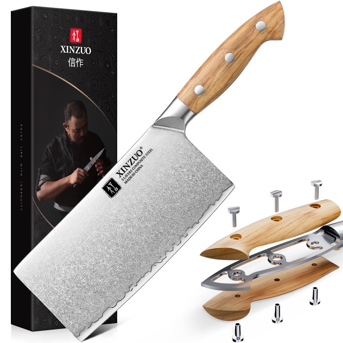 XINZUO 18cm Acciaio Composito Mannaia da Cucina Forgiato a Mano Multifunzione Coltello da Cuoco Cinese -Lama Affilata Nucleo in Acciaio 10Cr -per Tagliare Verdure e Carne -Manico in Legno d'Ulivo