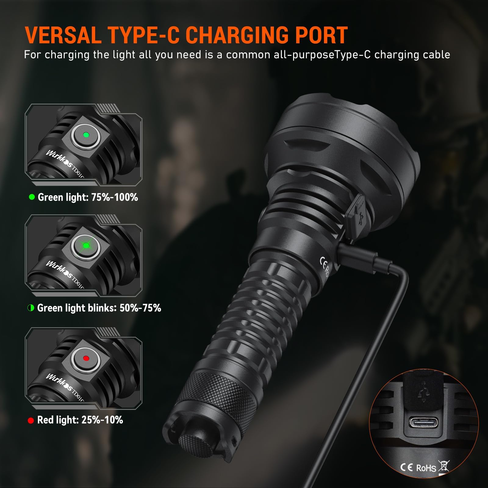 Wurkkos Torcia tattica TD01C 1800lm, portata 1000M, IPX8 impermeabile