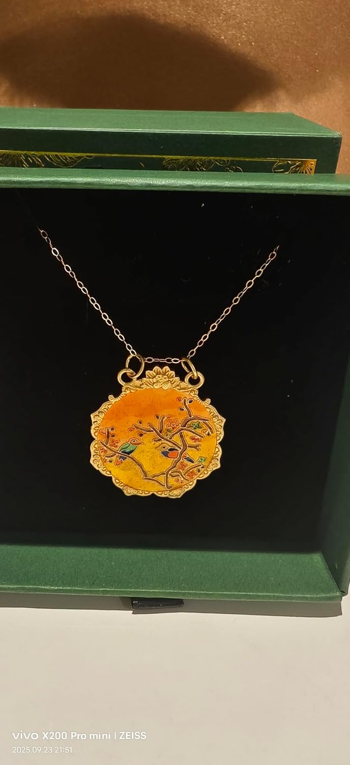 Chinese Style Pendant Necklace, 24K Gold Plated 925 Silver, Dual-Sided Magpie Design, Green Yellow Enamel, Oil Dripping Process, Carved Edge Party Birthday Mother Gift.