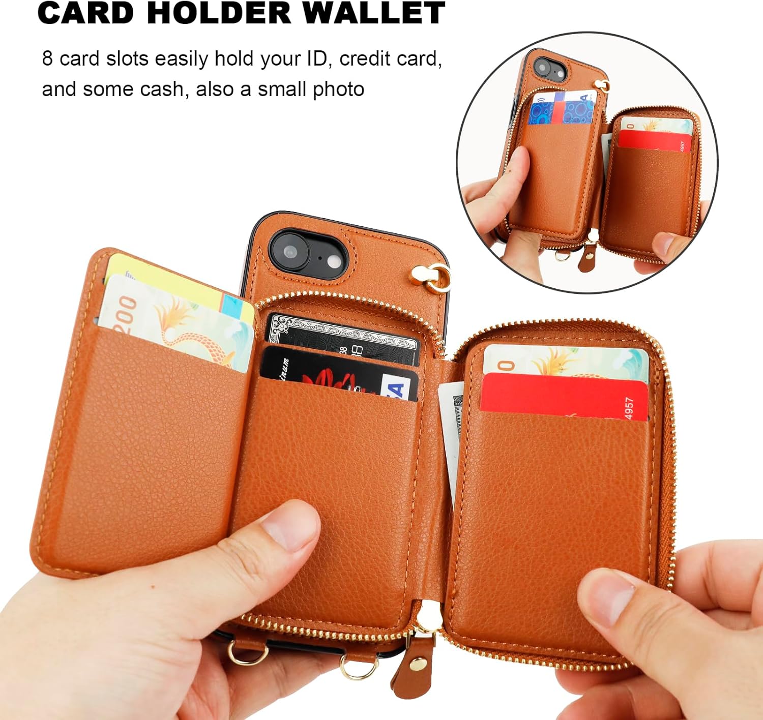 Bocasal for MagSafe Crossbody Wallet Case Compatible with iPhone 17e/16e, RFID Blocking Protective Purse Case with Card Slots Holder Kickstand Wrist Strap Lanyard Zipper 6.1 Inch 5G (Brown)