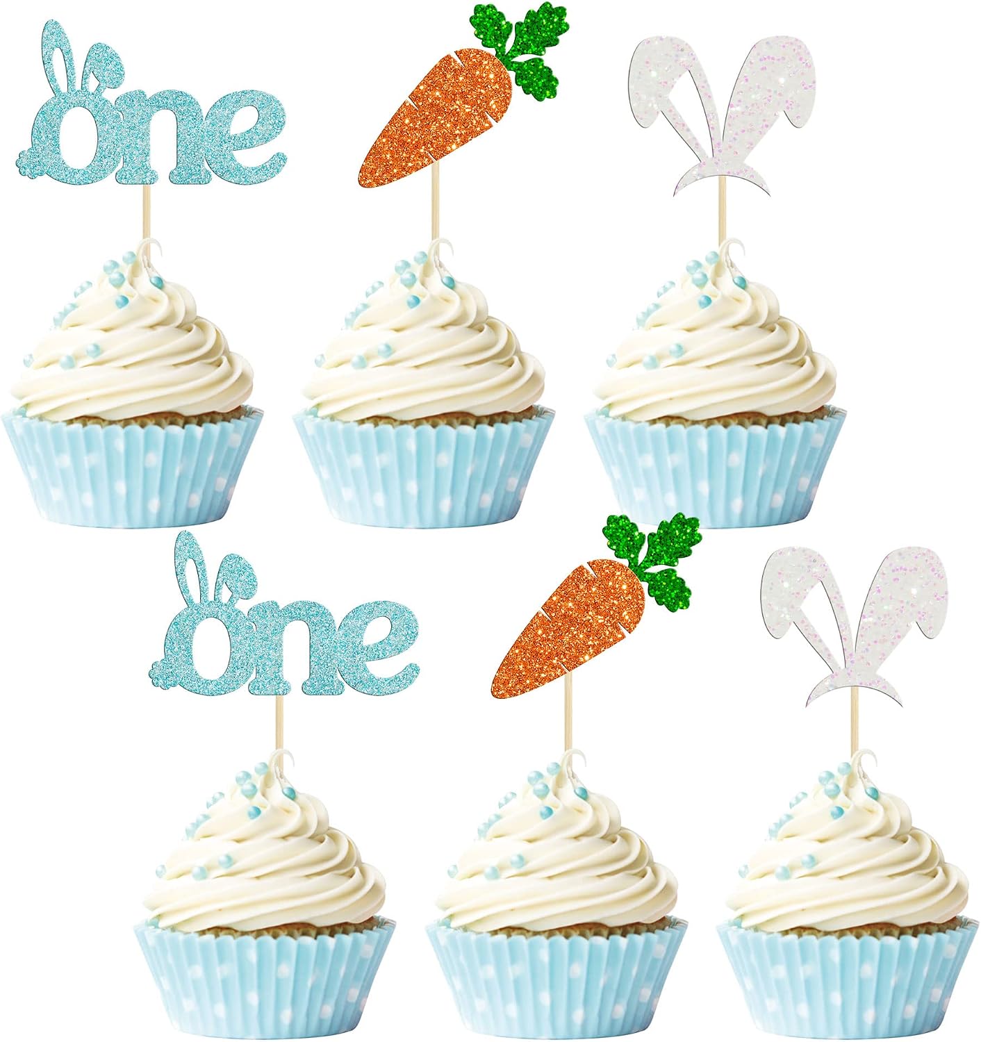 Amazon.com: Gyufise 24Pcs Easter One Cupcake Toppers Blue Glitter Bunny ...