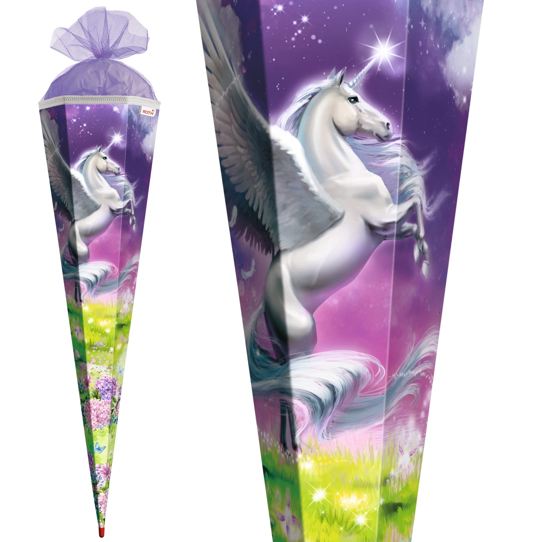 ROTH Grand cornet d'école Magic Pegasus 85 cm Pointe hexagonale Rouge tulle Cornet de sucre
