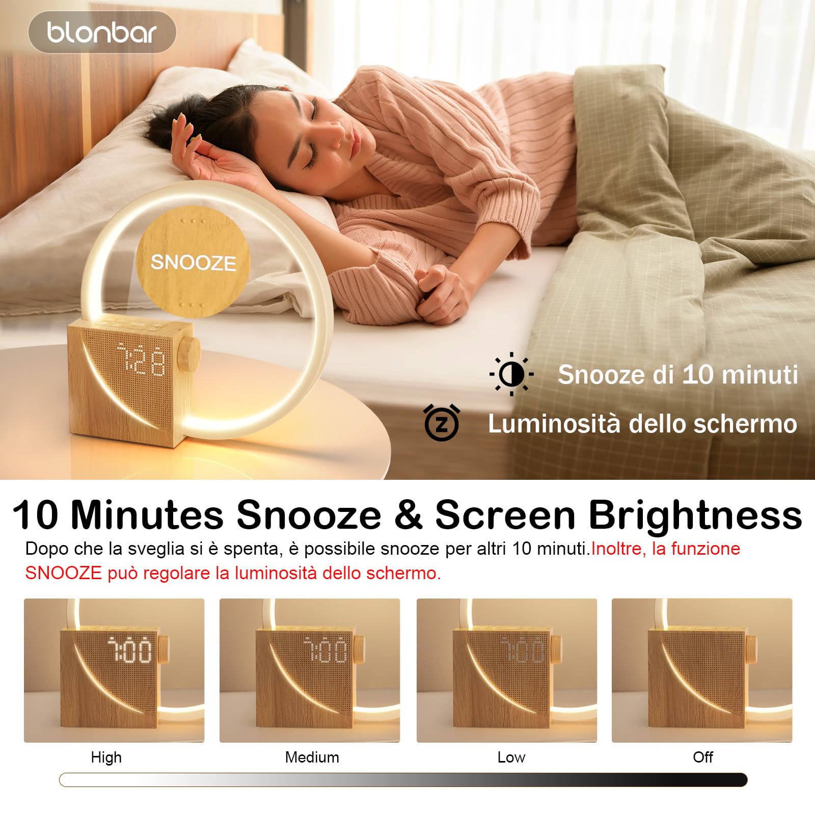 Bajour Comodino Lampada Sveglia Blonbar Con Ricarica USB - Wake Up Light, Suoni Natura, Touch Control, 10W Sveglia Suoni Natura - 9