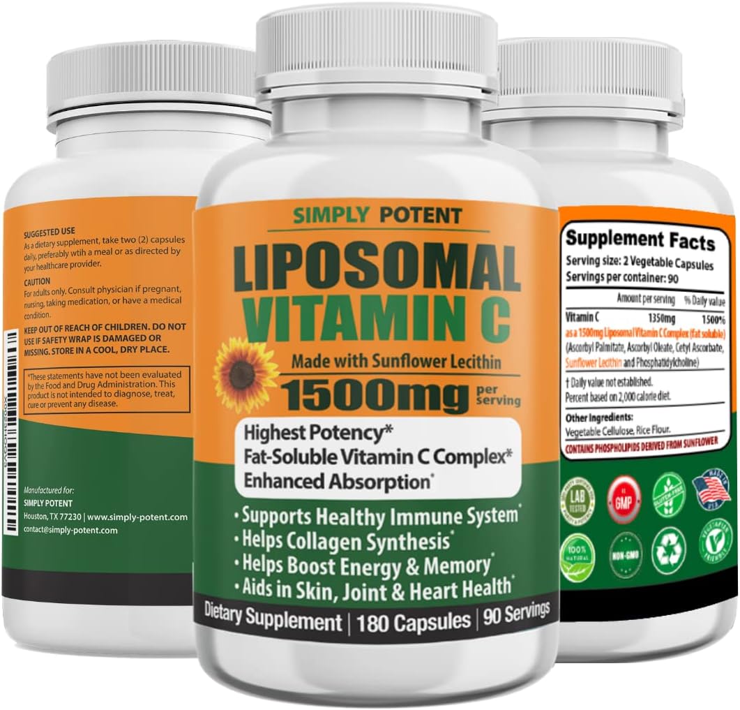 Liposomal Vitamin C 1500mg, 180 Capsules, Enhanced Absorption Fat Soluble Ascorbic Acid VIT C, Liquid Liposomal Vitamin C Alternative, High Dose Supplement for Immune, Collagen, Heart & Brain Support