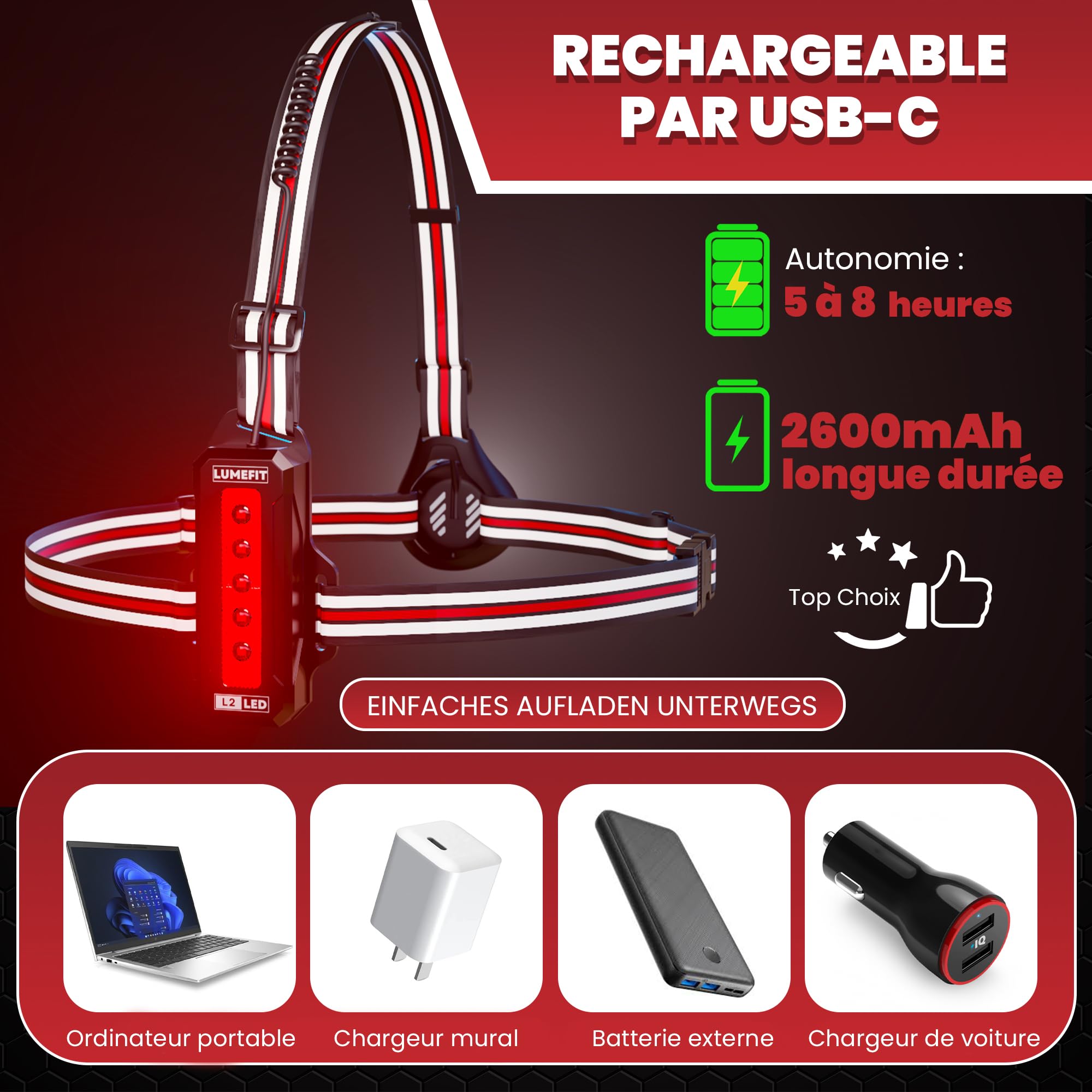 LUMEFIT Lampe Course à Pied - LED Sécurité Ultra Lumineuses et Bandes Réfléchissantes à 360° pour Jogging et Randonnée - Légère et Confortable - Batterie Longue Durée, Rechargeable Via USB