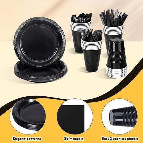 Miniatura 5 de Juego de vajilla desechable negra de 212 piezas, suministros para fiesta, 30 platos de plástico negro, utensilios y servilletas negras de 12 onzas,