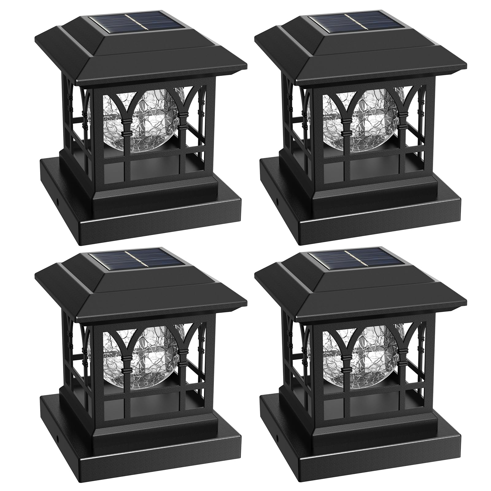 Fence Post Solar Lights, Crackle Glass Solar Post Cap Lights, 20 Lumens, Warm White & RGB Automatic Cycling 2 Modes for 3.6x3.6 4x4 4.5x4.5 5x5 Vinyl Wooden Posts Decoration, Black (4 Pack)
