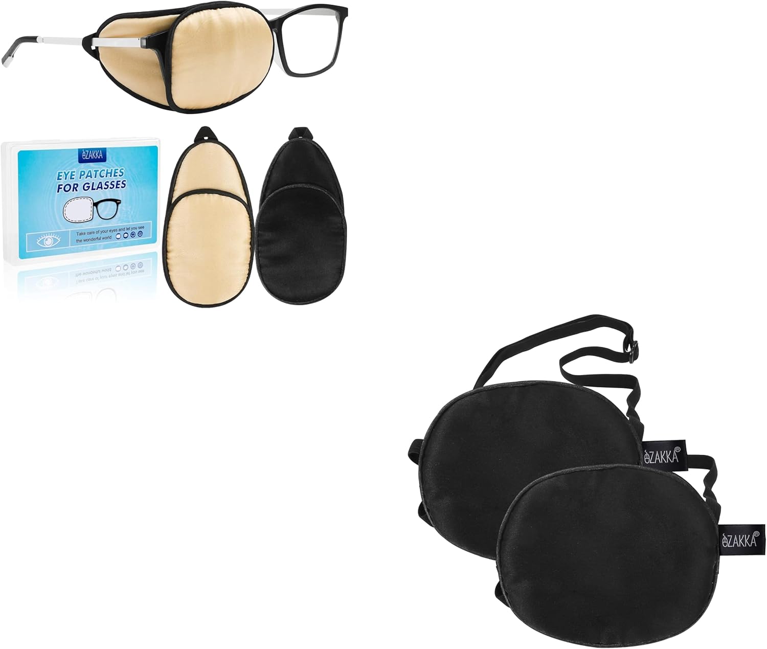 eZAKKA 2+2 PCS Eye Patches for Adults Left Right Eye Medical Soft Eye Patch for Lazy Eye Amblyopia Strabismus and After Surgery (Champagne + Black) & 2PCS Silk Eyepatches for Lazy Eye