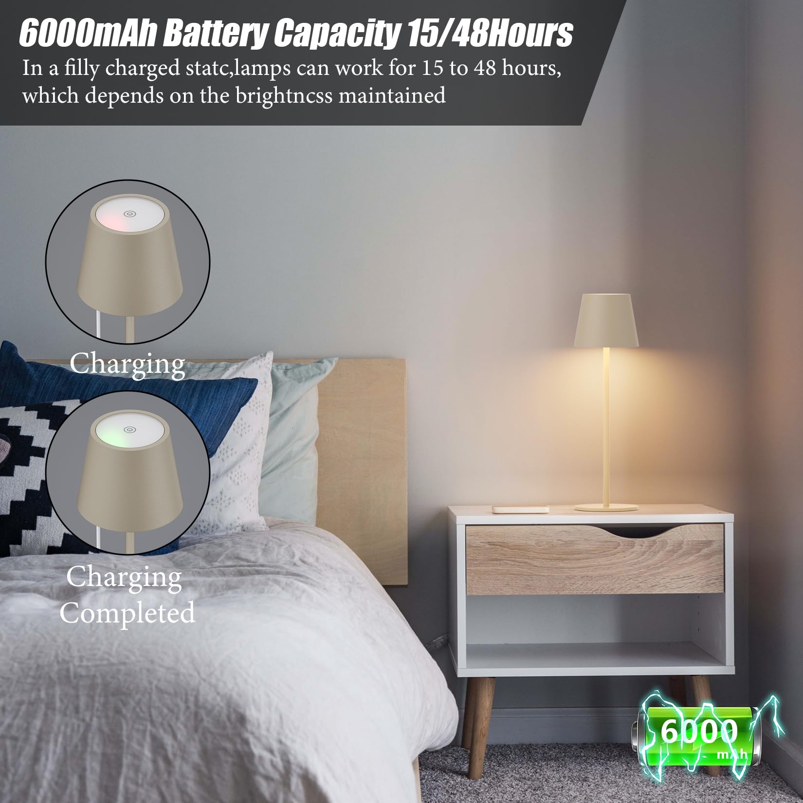 Aipsun 2 Stück Dimmbare led akku tischleuchte Beige mit 6000mAh | 5V 2A Wiederaufladbar Warmweiß(2700k-6000k) ,Aluminium,IP54 wasserdicht für Restaurant, Schlafzimmer, Bar, Camping
